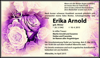 Traueranzeige von Erika Arnold von Südthüringer Presse