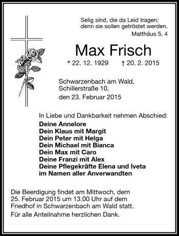 Traueranzeige von Max Frisch von Frankenpost