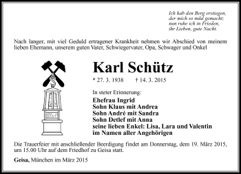 Traueranzeige von Karl Schütz von Südthüringer Presse