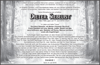 Traueranzeige von Dieter Siebelist von Südthüringer Presse