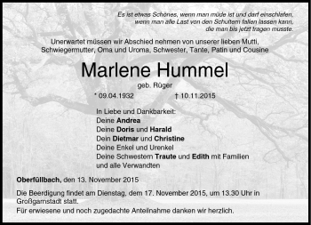 Traueranzeige von Marlene Hummel von Neue Presse Coburg