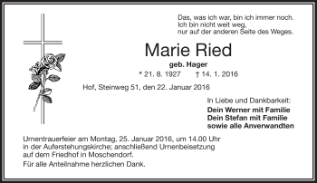 Traueranzeige von Marie Ried von Frankenpost