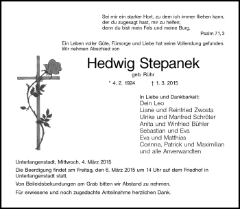 Traueranzeige von Hedwig Stepanek von Neue Presse Coburg