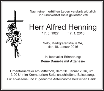 Traueranzeige von Alfred Henning von Frankenpost