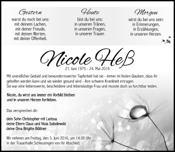 Traueranzeige von Nicole Heß von Südthüringer Presse