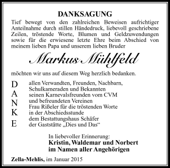 Traueranzeige von Markus Mühlfeld von Südthüringer Presse