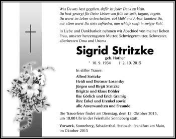 Traueranzeige von Sigrid Stritzke von Südthüringer Presse