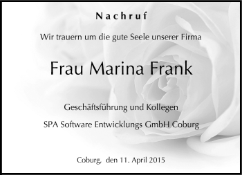 Traueranzeige von Marina Frank von Neue Presse Coburg