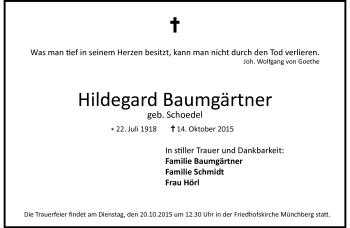 Traueranzeige von Hildegard Baumgärtner von Frankenpost