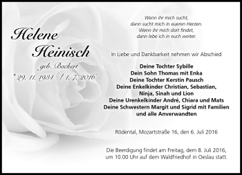 Traueranzeige von Helene Heinisch von Neue Presse Coburg