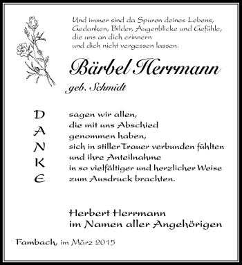 Traueranzeige von Bärbel Herrmann von Südthüringer Presse