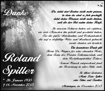 Traueranzeige von Roland Spiller von Südthüringer Presse