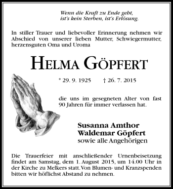 Traueranzeige von Helma Göpfert von Südthüringer Presse
