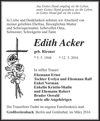 Traueranzeige von Edith Acker von Südthüringer Presse
