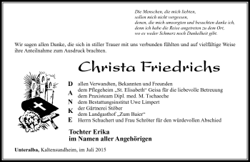 Traueranzeige von Christa Friedrichs von Südthüringer Presse