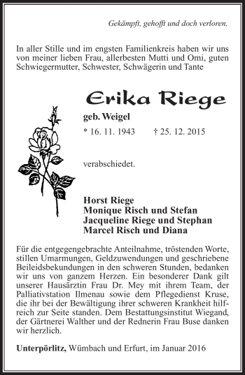 Traueranzeige von Erika Riege von Südthüringer Presse