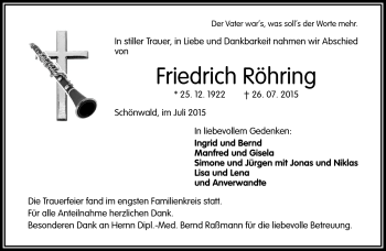 Traueranzeige von Friedrich Röhring von Frankenpost