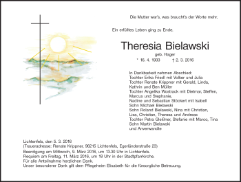 Traueranzeige von Theresia Bielawski von Neue Presse Coburg
