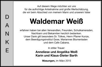 Traueranzeige von Waldemar Weiß von Südthüringer Presse