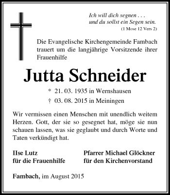 Traueranzeige von Jutta Schneider von Südthüringer Presse