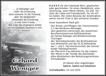 Traueranzeige von Erhard Weniger von Südthüringer Presse