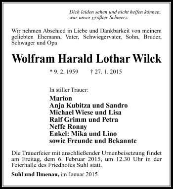 Traueranzeige von Wolfram Harald Lothar Wilck von Südthüringer Presse