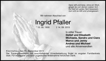 Traueranzeige von Ingrid Pfaller von Neue Presse Coburg