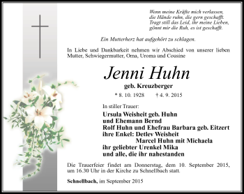 Traueranzeige von Jenny Huhn von Südthüringer Presse