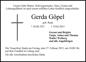 Traueranzeige von Gerda Göpel von Neue Presse Coburg