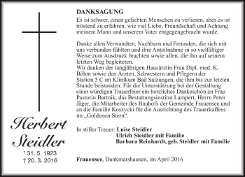 Traueranzeige von Herbert Steidler von Südthüringer Presse