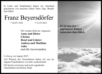 Traueranzeige von Franz Beyersdörfer von Neue Presse Coburg