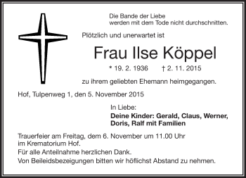 Traueranzeige von Ilse Köppel von Frankenpost