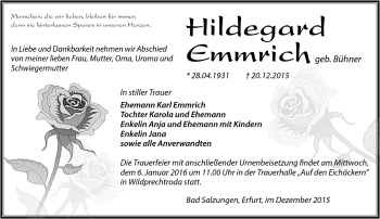 Traueranzeige von Hildegard Emmich von Südthüringer Presse