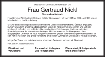 Traueranzeige von Gertraud Nickl von Frankenpost