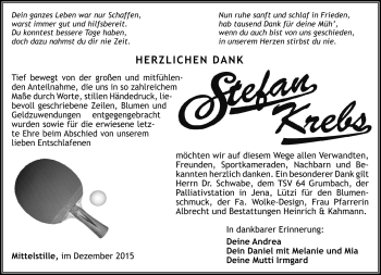 Traueranzeige von Stefan Krebs von Südthüringer Presse