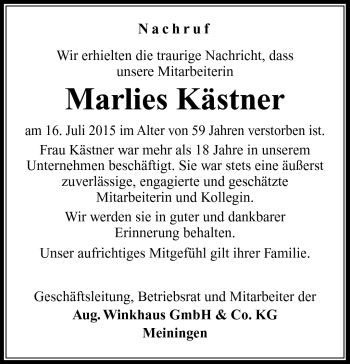 Traueranzeige von Malies Kästner von Südthüringer Presse