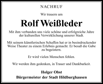 Traueranzeige von Rolf Weißleder von Südthüringer Presse