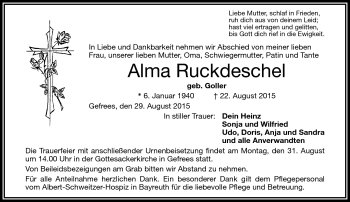 Traueranzeige von Alma Ruckdeschel von Frankenpost