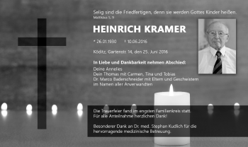 Traueranzeige von Heinrich Kramer von Frankenpost