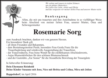 Traueranzeige von Rosemarie Sorg von Südthüringer Presse