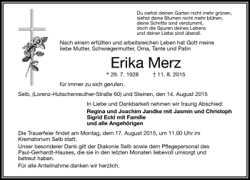 Traueranzeige von Erika Merz von Frankenpost