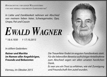 Traueranzeige von Ewald Wagner von Südthüringer Presse