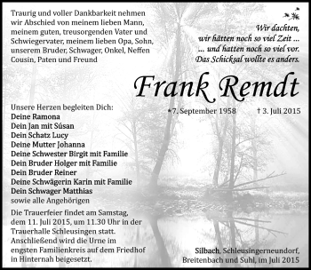 Traueranzeige von Frank Rempt von Südthüringer Presse