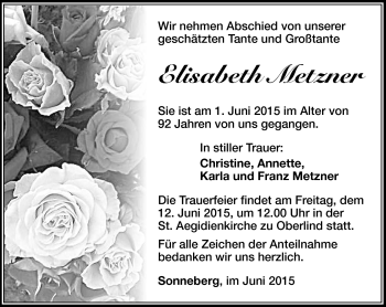 Traueranzeige von Elisabeth Metzner von Südthüringer Presse