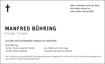Traueranzeige von Manfred Bühring von Frankenpost