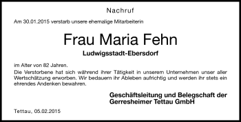 Traueranzeige von Maria Fehn von Neue Presse Coburg