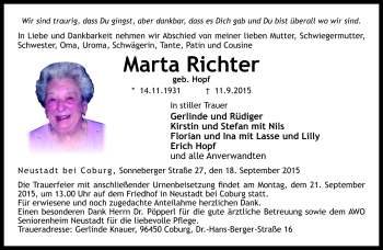 Traueranzeige von Marta Richter von Neue Presse Coburg