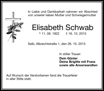 Traueranzeige von Elisabeth Schwab von Frankenpost