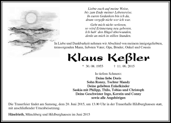 Traueranzeige von Klaus Keßler von Südthüringer Presse
