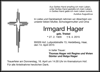 Traueranzeige von Irmgard Hager von Frankenpost